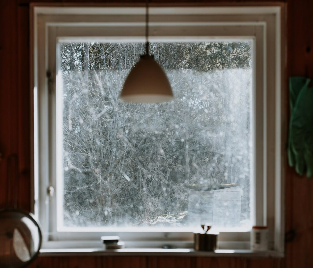 How to Keep Your House Warm This Winter Without Cranking the Heat 7 Frosty window looking out on a snowy forest